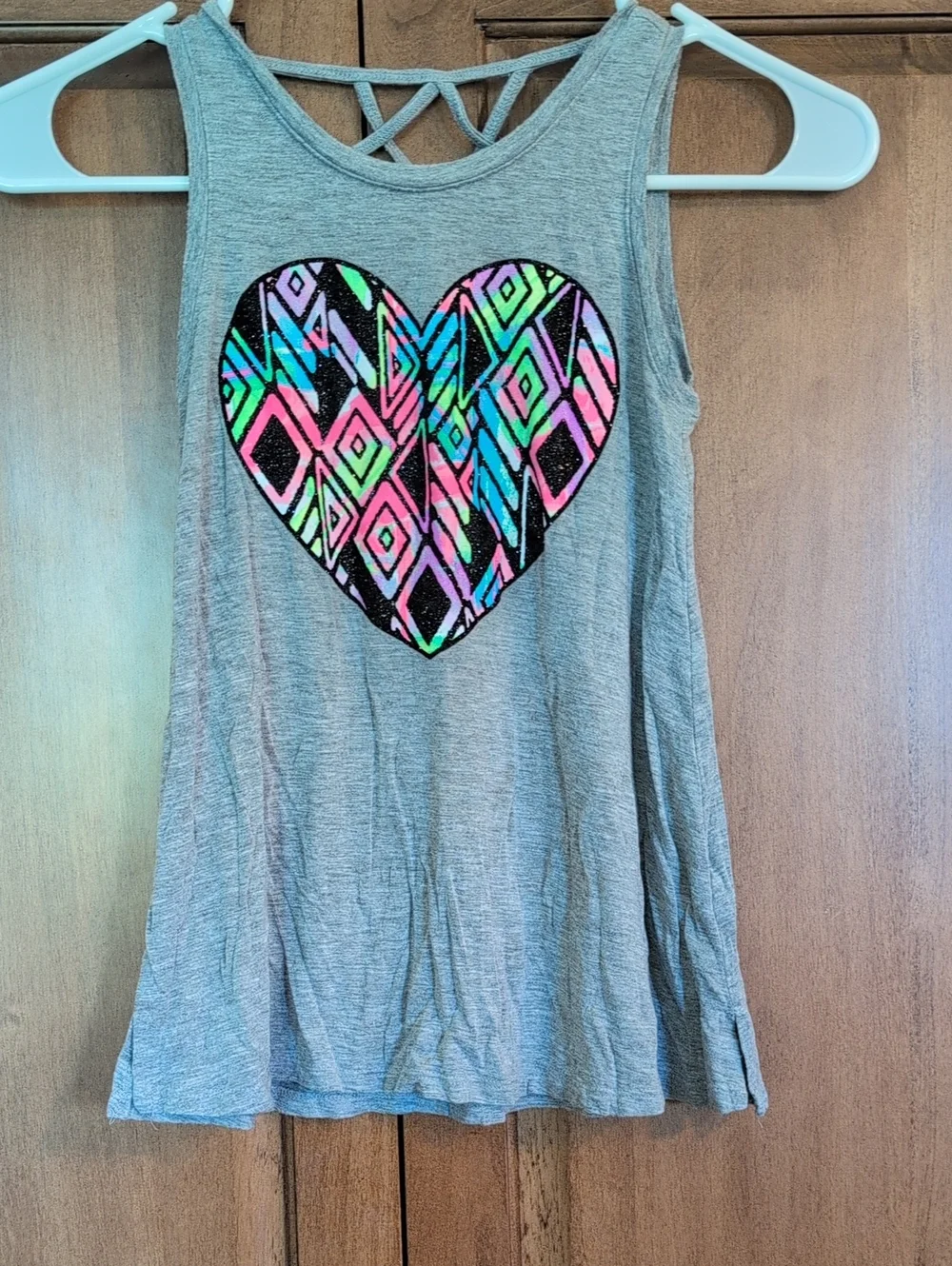 Justice Vintage Gray Long Length Tank Top with Neon Heart